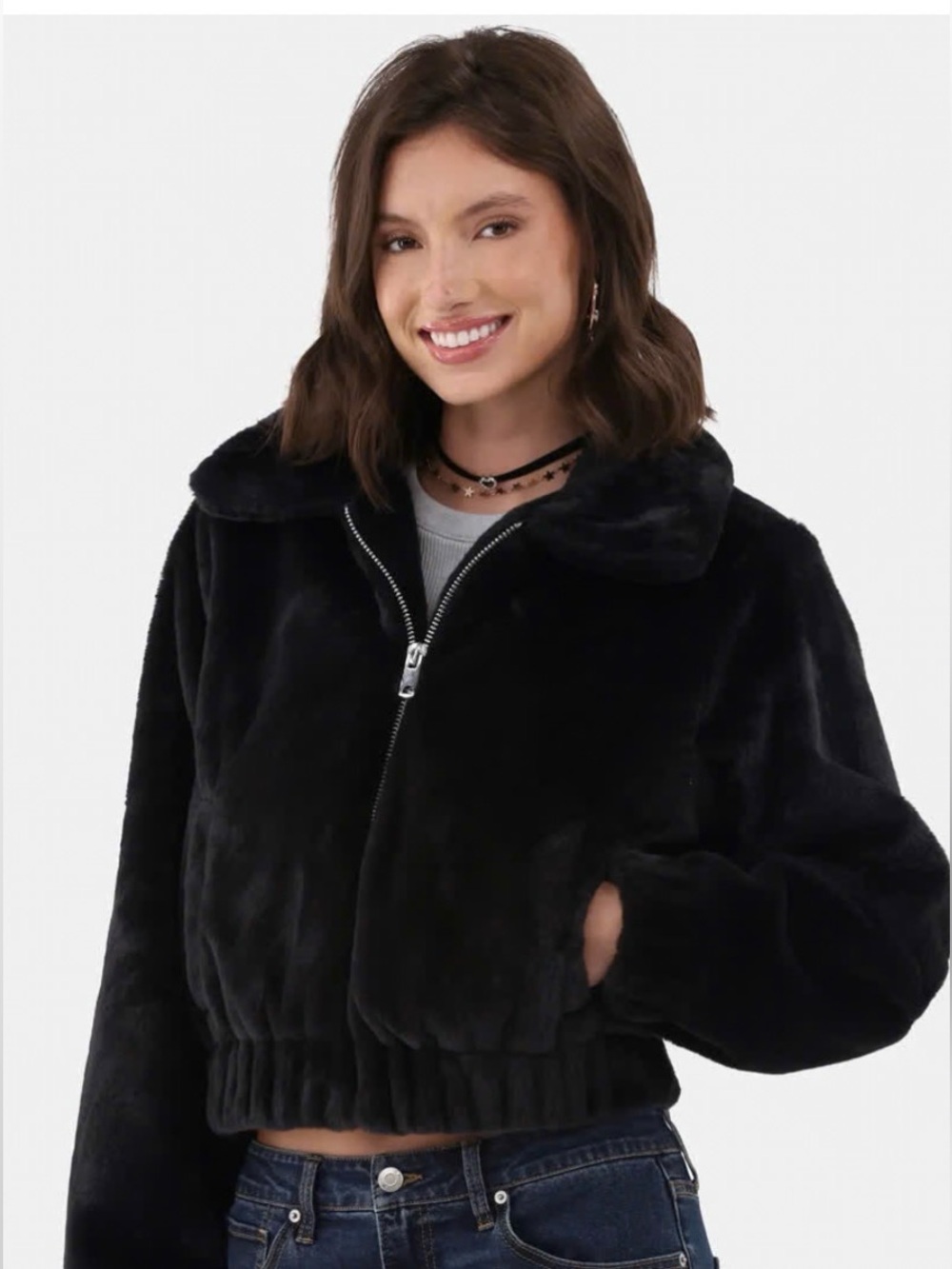 No Boundaries Black Faux Fur Cropped Zip Jacket